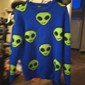 Topman Blue Crewneck Sweater with Alien Pattern